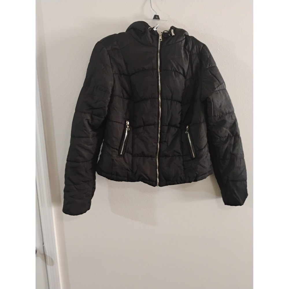 Ambiance Outerwear Black Quilted Puffer Jacket Hooded Full Zip Womens Large